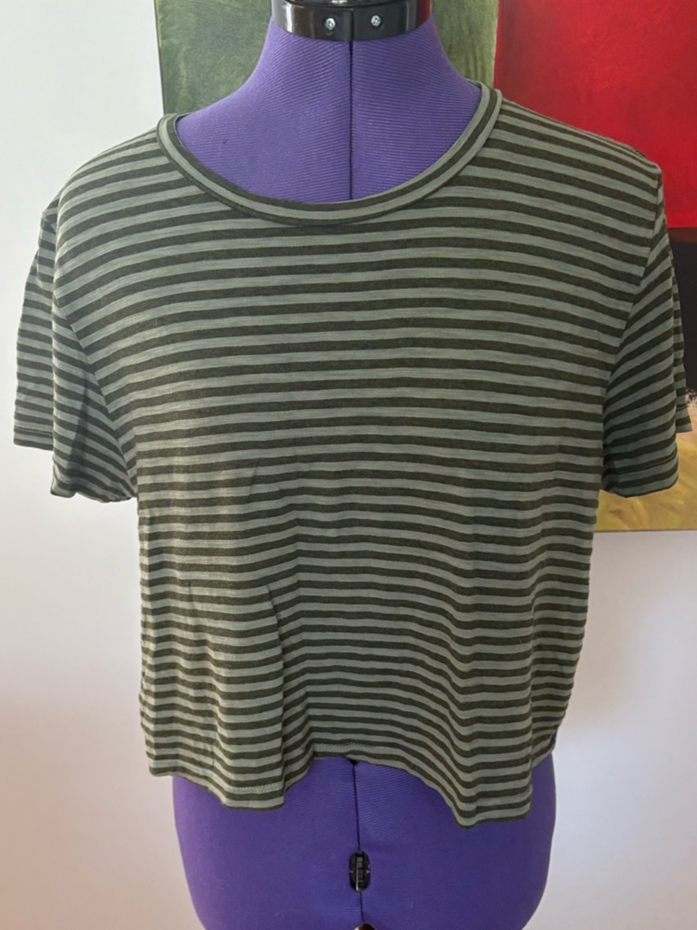Junior Women’s Striped Short Sleeve Crop Top - Shades Olive - Worn Once